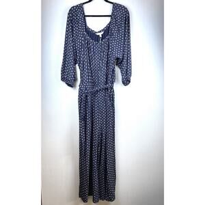 NWT Sz XL Garnet Hill LS Elas Nck Blue Prnt Waistbnd Tie Pkts Wide Leg Jump Suit